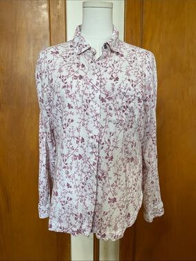 Kuhl Women's White Button-Down Shirt with Dusty Rose Floral Print Soft Tencel